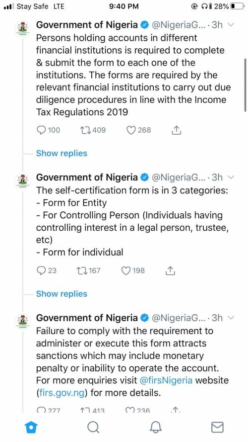 Nigerian Government Orders All Bank Account Holders To Fill ‘Self-certification’ Form Despite BVN, Threatens To Close Non-compliant Accounts