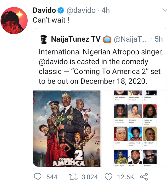Davido to feature in "Coming to America 2"
