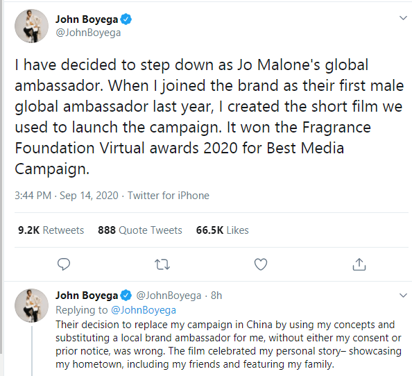 I don't possess energy for rubbish - John Boyega closes ambassadorial arrangement with Jo Malone in the wake of being removed of an advert for the Chinese market