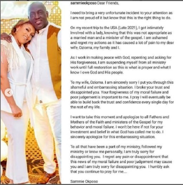 Sammie Okposo apologises to wife for impregnating US-based lady