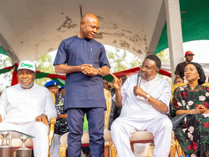 L-R: Governor Ifeanyi Ugwuanyi of Enugu State; PDP governorship candidate, Dr Peter Mbah; former governor of old Anambra State, Chief Jim Nwobodo; and his wife, Mrs Pat Nwobodo; at the Enugu East Senatoral Zonal Rally in support of Mbah, at Okpara Square, Enugu,