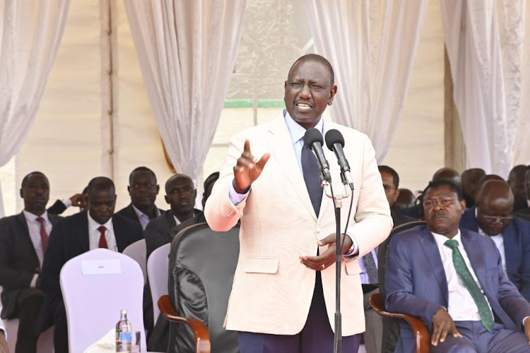 President William Ruto addressing faithful during the ordination and installation of Henry Juma Odonya as Bishop of Catholic Diocese of Kitale at Kitale Showground, Trans-Nzoia County on January 21, 2023.