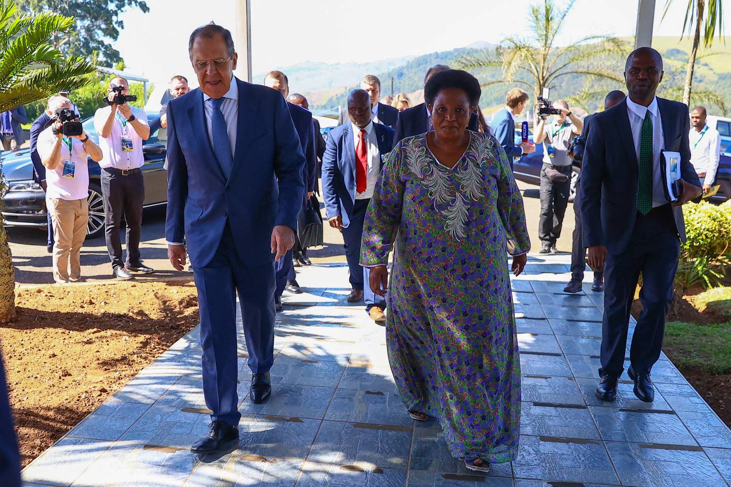 Russian Foreign Minister Sergei Lavrov meets his Eswatini counterpart Thuli Dladla in Mbabane. AFP 