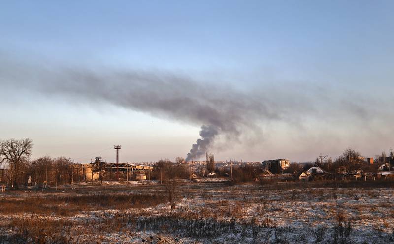 Smoke rises after shelling in Soledar, the site of heavy battles with Russian forces in the Donetsk region. AP