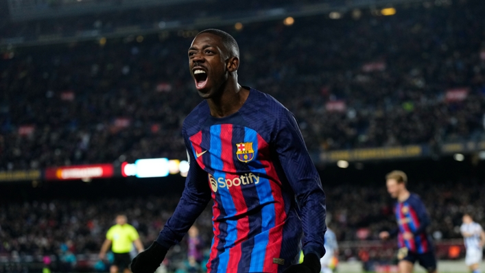 Ousmane Dembele celebrates scoring for Barcelona against Real Sociedad in the Copa del Rey