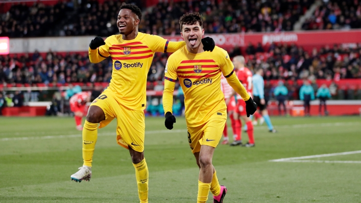 Pedri (right) celebrates his goal in Barcelona's win over Girona