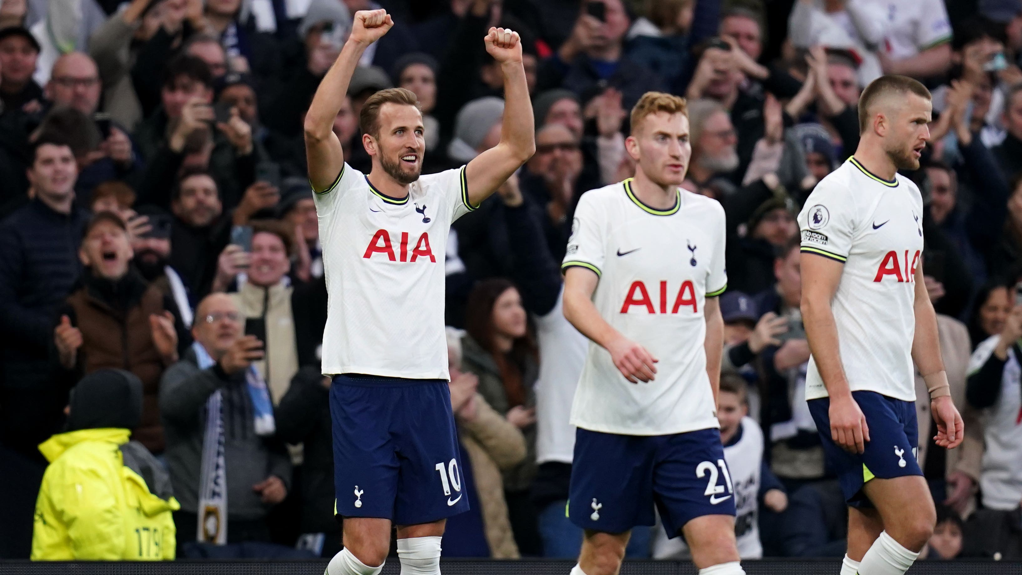 Harry Kane celebrates after becoming Tottenham’s all-time leading scorer (John Walton/PA)