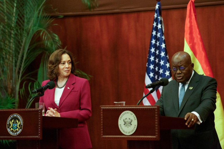 U.S. Vice President Kamala Harris, and Ghana President Nana Akufo-Addo, address a news conference in Accra, Ghana, Monday March 27, 2023. Harris is on a seven-day African visit that will also take her to Tanzania and Zambia [Misper Apawu/AP Photo]