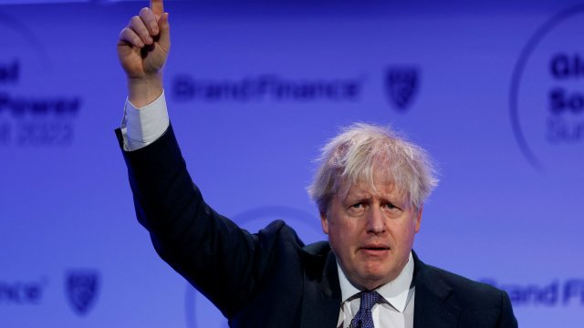 Former British Prime Minister Boris Johnson gestures during the Global Soft Power Summit at the QEII center in London, Britain, March 2, 2023. REUTERS/Peter Nicholls