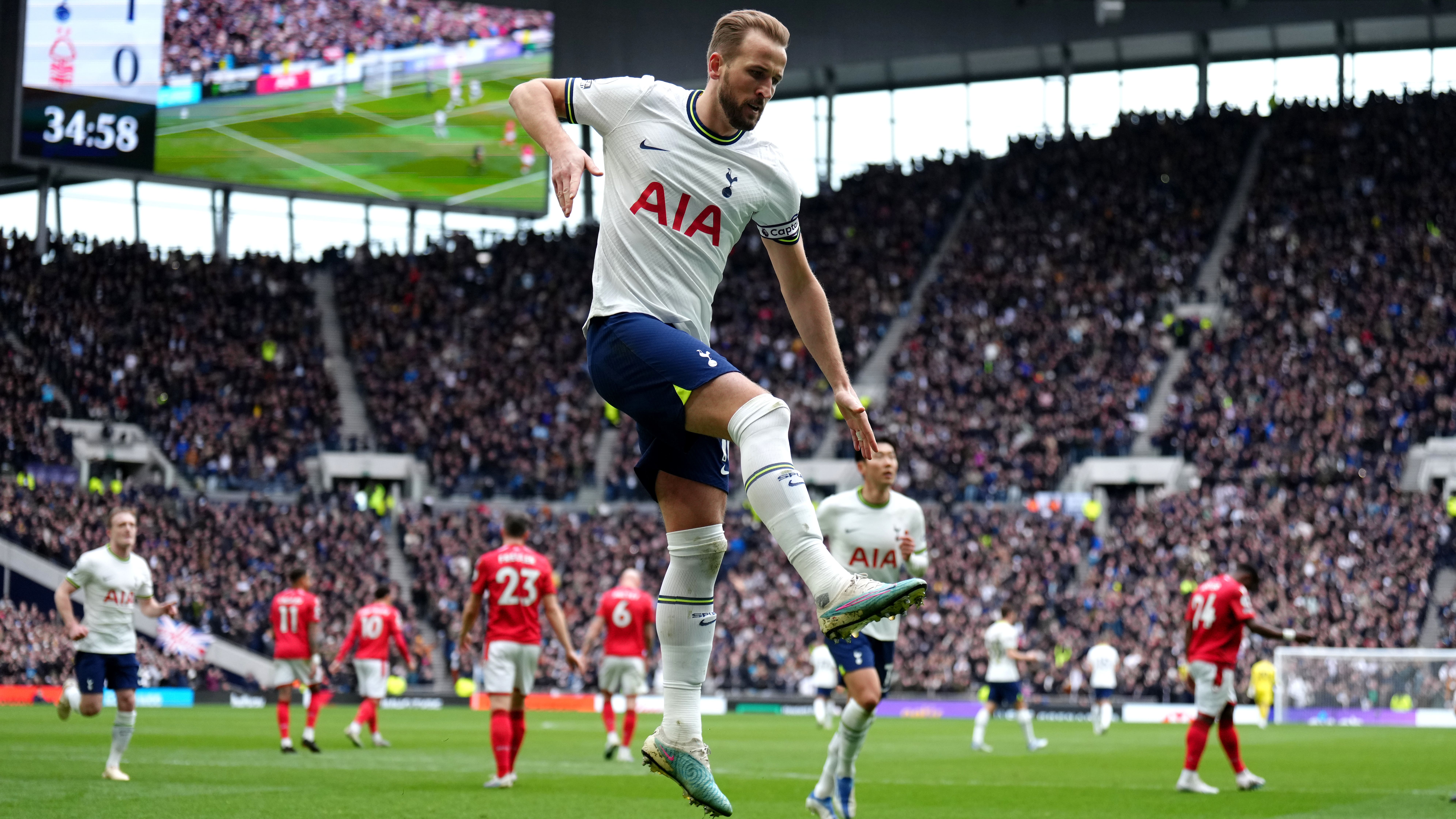 Tottenham’s Harry Kane celebrates in their 3-1 win over Nottingham Forest (John Walton/PA)