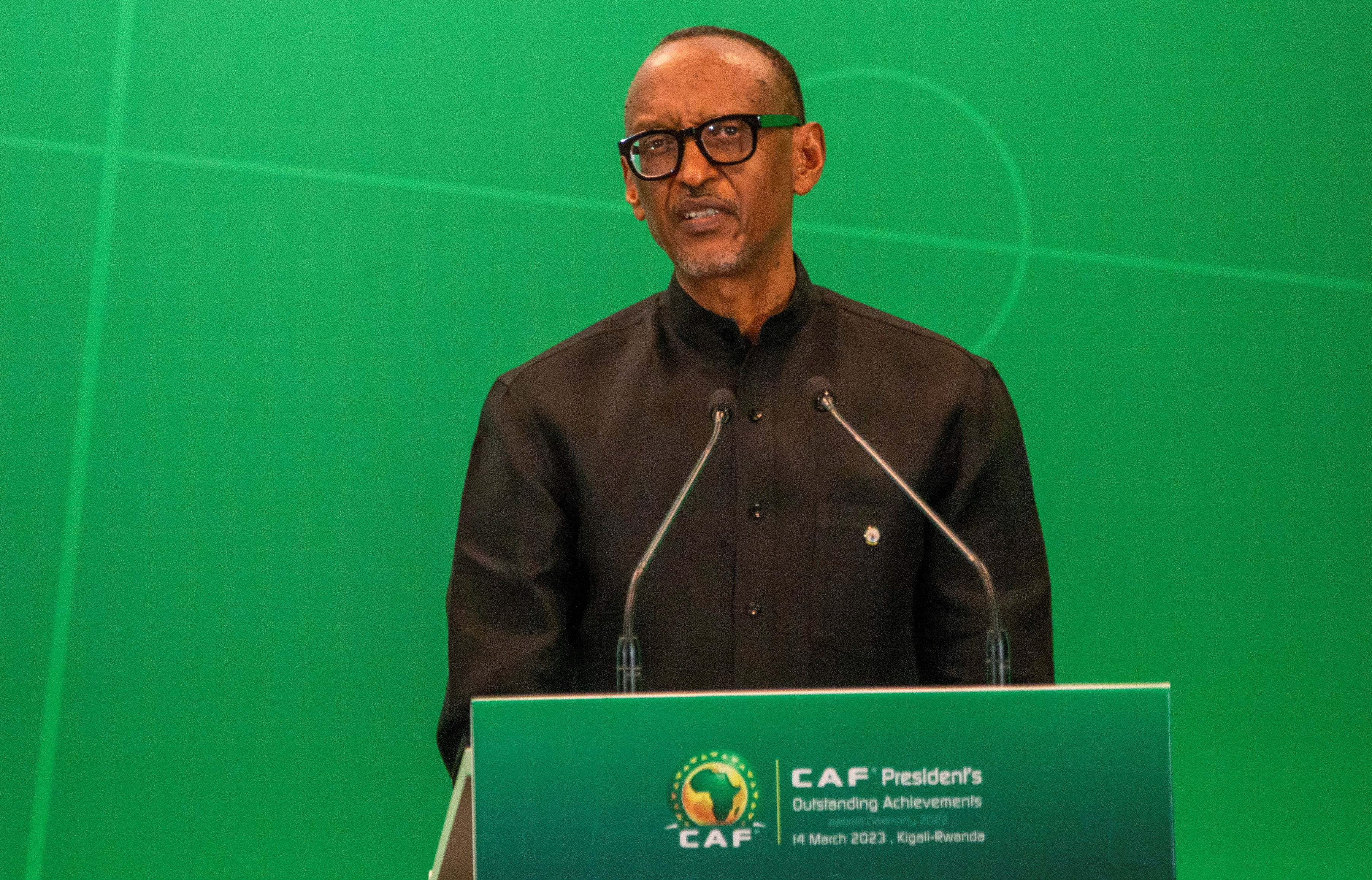 Rwanda's President Paul Kagame addresses delegates during the CAF President's Outstanding Achievement Awards, in Kigali