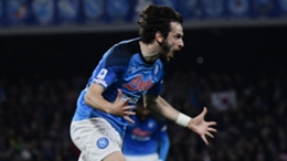 Khvicha Kvaratskhelia runs off in celebration of his goal for Napoli against Atalanta