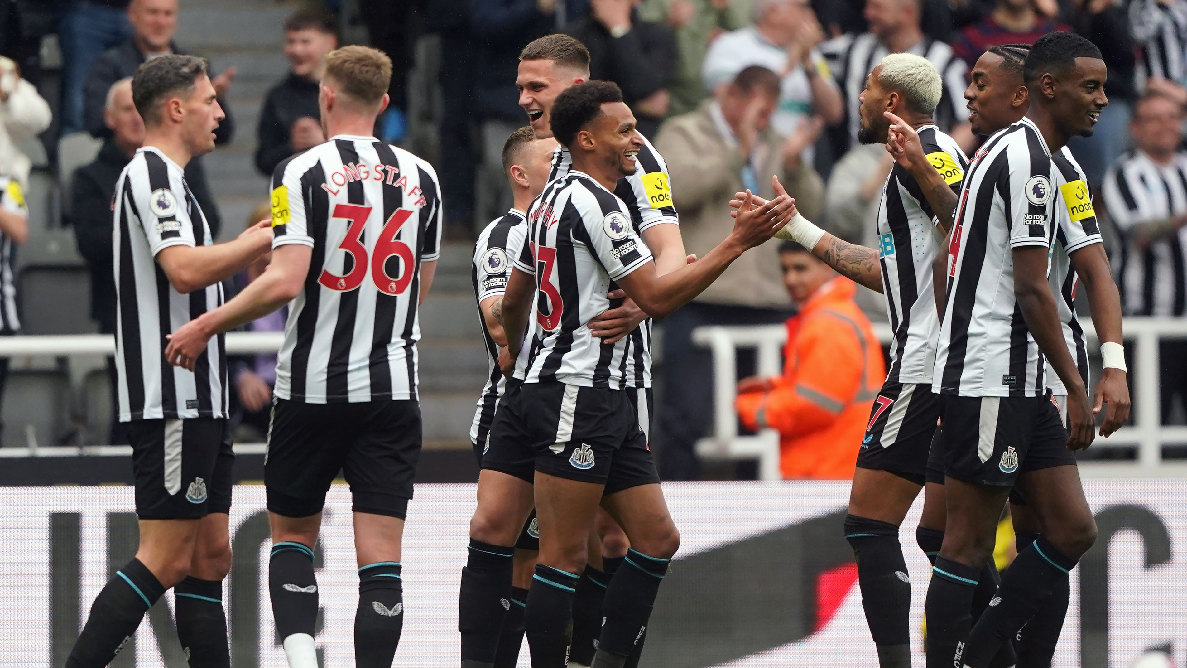 Newcastle United’s Jacob Murphy (centre) celebrates scoring their side’s third goal of the game during the Premier League match at St. James’ Park, Newcastle upon Tyne. Picture date: Sunday April 23, 2023.