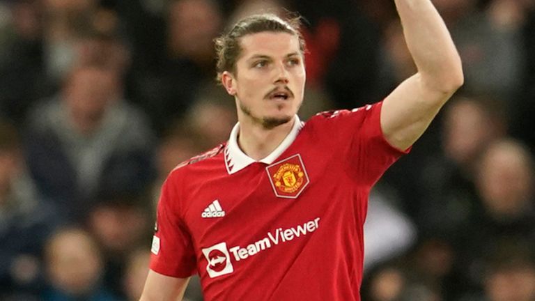 Manchester United's Marcel Sabitzer, right, celebrates after scoring vs Sevilla 