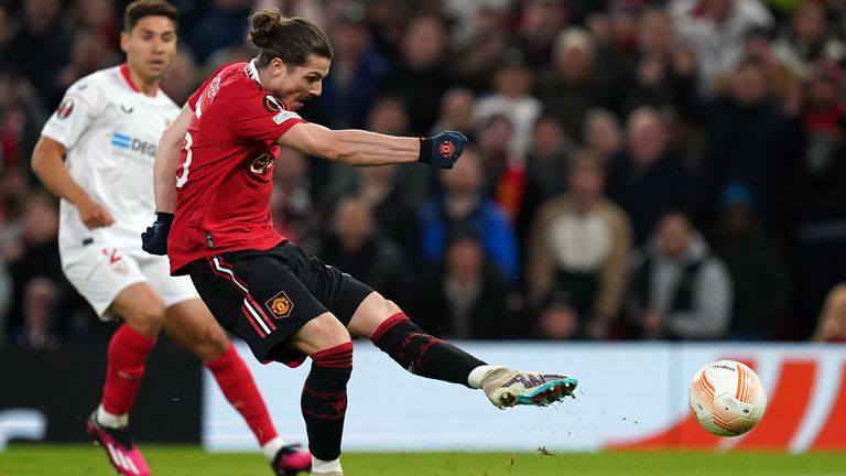 Manchester United's Marcel Sabitzer (second left) scores their side's second goal vs Sevilla