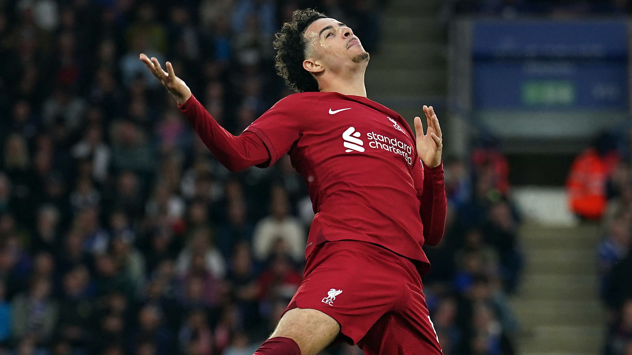 Liverpool’s Curtis Jones celebrates his second goal (Tim Goode/PA).