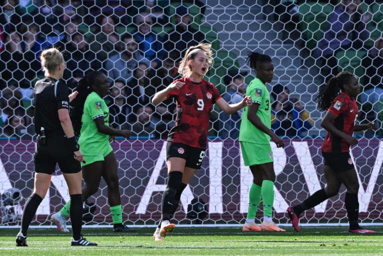 Canada's forward #09 Jordyn Huitema (C) reacts to a missed chance on goal during the Australia and New Zealand 2023 Women's World Cup Group B football match between Nigeria and Canada at Melbourne Rectangular Stadium, also known as AAMI Park, in Melbourne on July 21, 2023. (Photo by WILLIAM WEST / AFP)