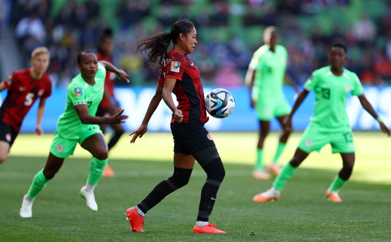 Soccer Football - FIFA Women’s World Cup Australia and New Zealand 2023 - Group B - Nigeria v Canada - Melbourne Rectangular Stadium, Melbourne, Australia - July 21, 2023 Canada's Jayde Riviere in action REUTERS/Hannah Mckay