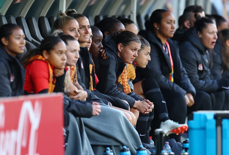 Soccer Football - FIFA Women’s World Cup Australia and New Zealand 2023 - Group B - Nigeria v Canada - Melbourne Rectangular Stadium, Melbourne, Australia - July 21, 2023 Canada's Christine Sinclair looks on from the bench REUTERS/Hannah Mckay