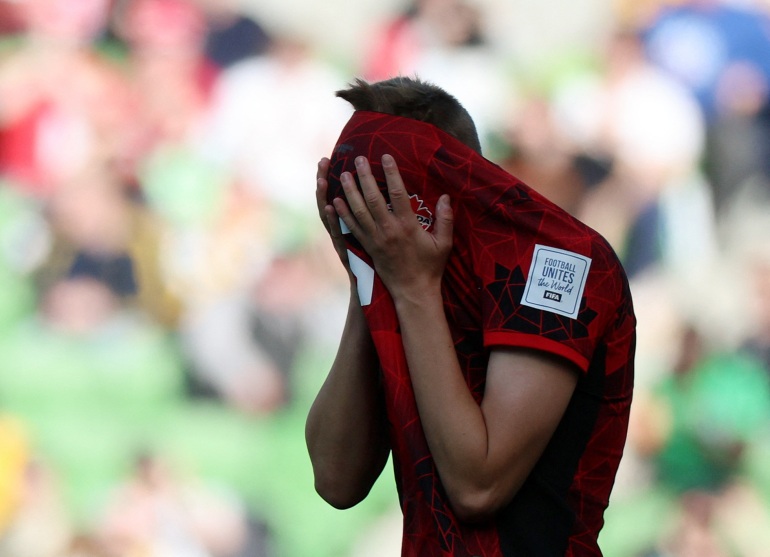 Soccer Football - FIFA Women’s World Cup Australia and New Zealand 2023 - Group B - Nigeria v Canada - Melbourne Rectangular Stadium, Melbourne, Australia - July 21, 2023 Canada's Quinn reacts after the match REUTERS/Asanka Brendon Ratnayake