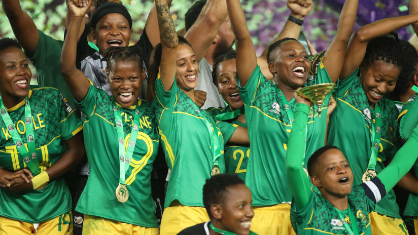 South Africa celebrates with winner's trophy during the 2022 Women's Africa Cup of Nations Final between Morocco and South Africa