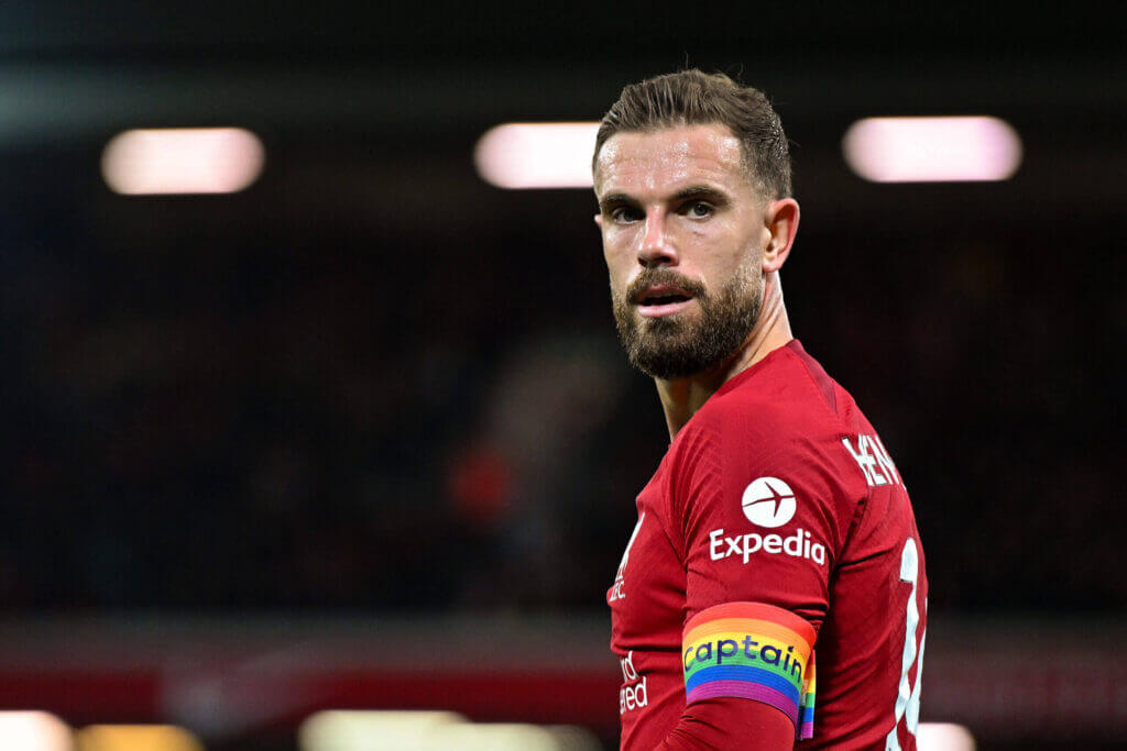 LIVERPOOL, ENGLAND - OCTOBER 29: (THE SUN OUT, THE SUN ON SUNDAY OUT) Jordan Henderson captain of Liverpool wearing the rainbow captain armband in support of the LGBTQ+ during the Premier League match between Liverpool FC and Leeds United at Anfield on October 29, 2022 in Liverpool, England. (Photo by Andrew Powell/Liverpool FC via Getty Images)