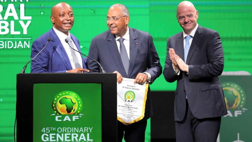 Patrick Achi, Prime Minister, Gianni Infantino, FIFA President and Patrice Motsepe, CAF President during the 2023 45th CAF Ordinary General Assembly at Sofitel Hotel in Abidjan, Ivory Coast
