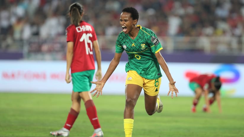 Hildah Tholakele Magaia of South Africa celebrates goal during the 2022 Women's Africa Cup of Nations Final between Morocco and South Africa