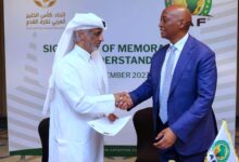CAF President Dr Motsepe and the Arab Gulf Cup Football Federation President Sheikh Hamad bin Khalifa Ahmed Al Thani sign MoU to develop Football in Africa and the Gulf Region