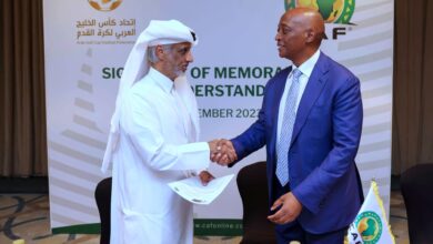CAF President Dr Motsepe and the Arab Gulf Cup Football Federation President Sheikh Hamad bin Khalifa Ahmed Al Thani sign MoU to develop Football in Africa and the Gulf Region