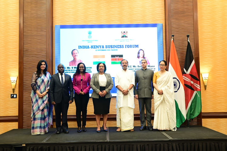 From fourth left: Trade CS Rebecca Miano and India’s minister of state for external affairs and parliamentary affairs V. Muraleedharan and other delegates during the India-Kenya business forum on November 22.