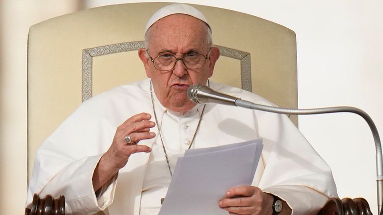 FILE - Pope Francis speaks during his weekly general audience in St. Peter's Square at The Vatican, on Oct. 18, 2023. (AP Photo/Alessandra Tarantino, File) Pic: AP