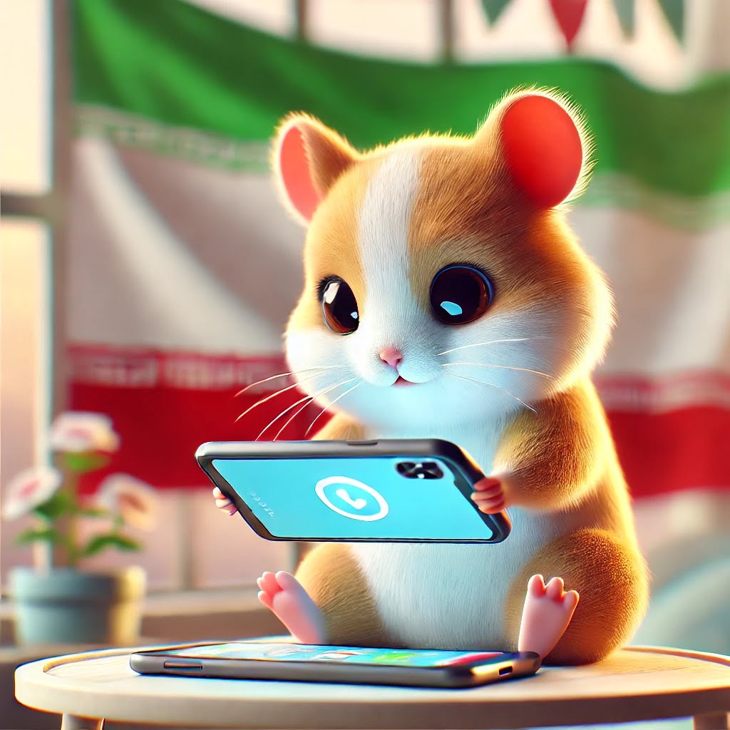 DALL·E 2024 06 26 14.42.04 A cute cartoonish hamster playing on a mobile phone with an Iran flag in the background. The hamster is focused on the screen holding the phone with