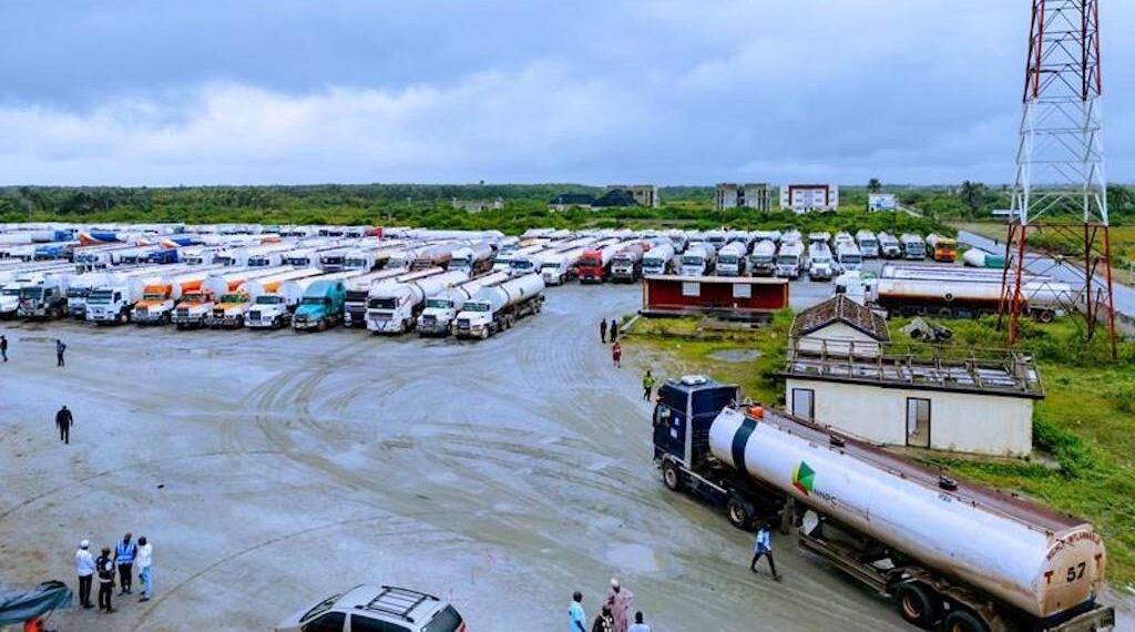 Tankers waiting to load fuel from Dangote Refinery.
