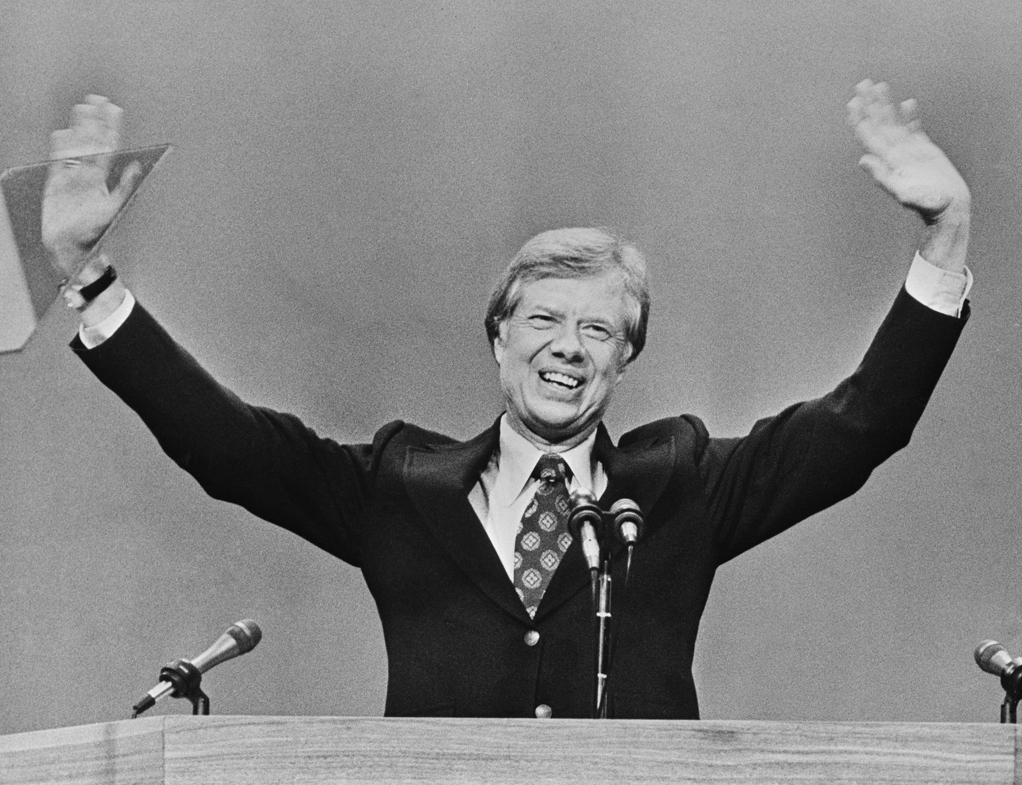 American politician Jimmy Carter waves to delegates in Madison Square Garden, New York City, after the convention had nominated him as the Democratic Presidential candidate, 19th July 1976. (Photo by Consolidated News Pictures/Keystone/Hulton Archive/Getty Images)