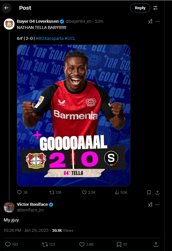 Victor Boniface cheers Nathan Tella