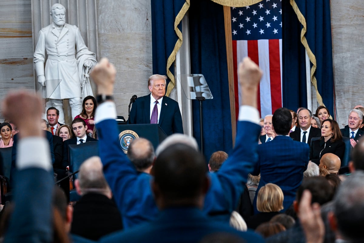 Attendees cheer as President Donald Trump speaks after taking the oath of office during the 60th Presidential Inauguration in the Rotunda of the U.S. Capitol in Washington, Monday, Jan. 20, 2025.  - Kenny Holston/The New York Times via AP, Pool       