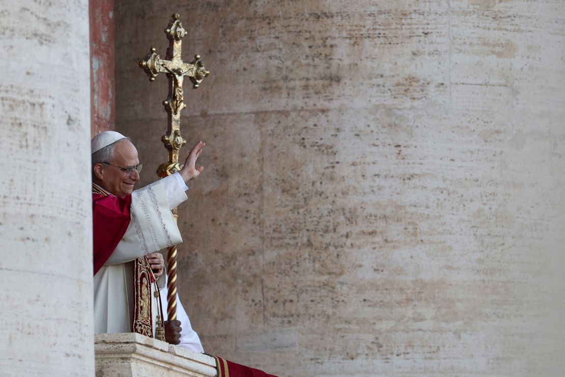Newly elected Pope Leo XIV, Cardinal Robert Prevost of the United States, appears on the balcony of St. Peter's Basilica at the Vatican on May 8, 2025.