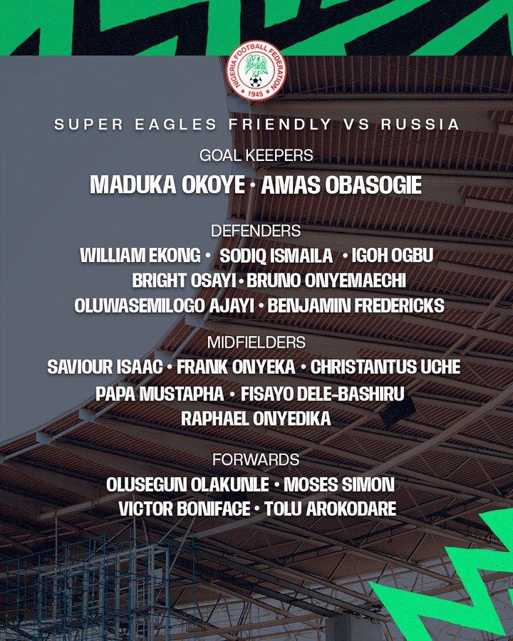 Nigeria squad against Russia