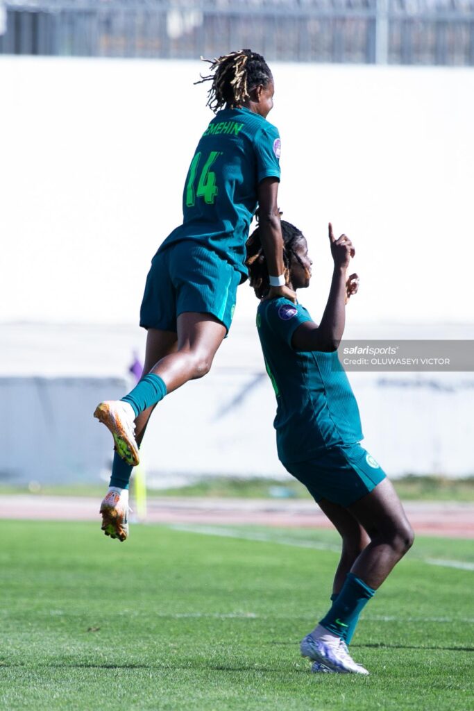 Esther Okoronkwo celebrating Nigeria's second goal alongside Demehin against Zambia in the WAFCON 2024 quarter-final. [Photo Credit/ X].