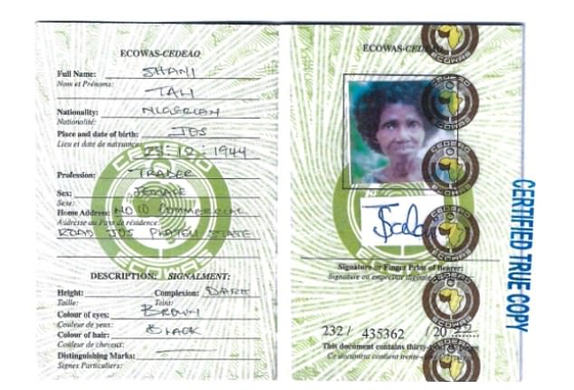 An identity document for a 'Ms Tali Shani', which a judge has found was a fictitious person