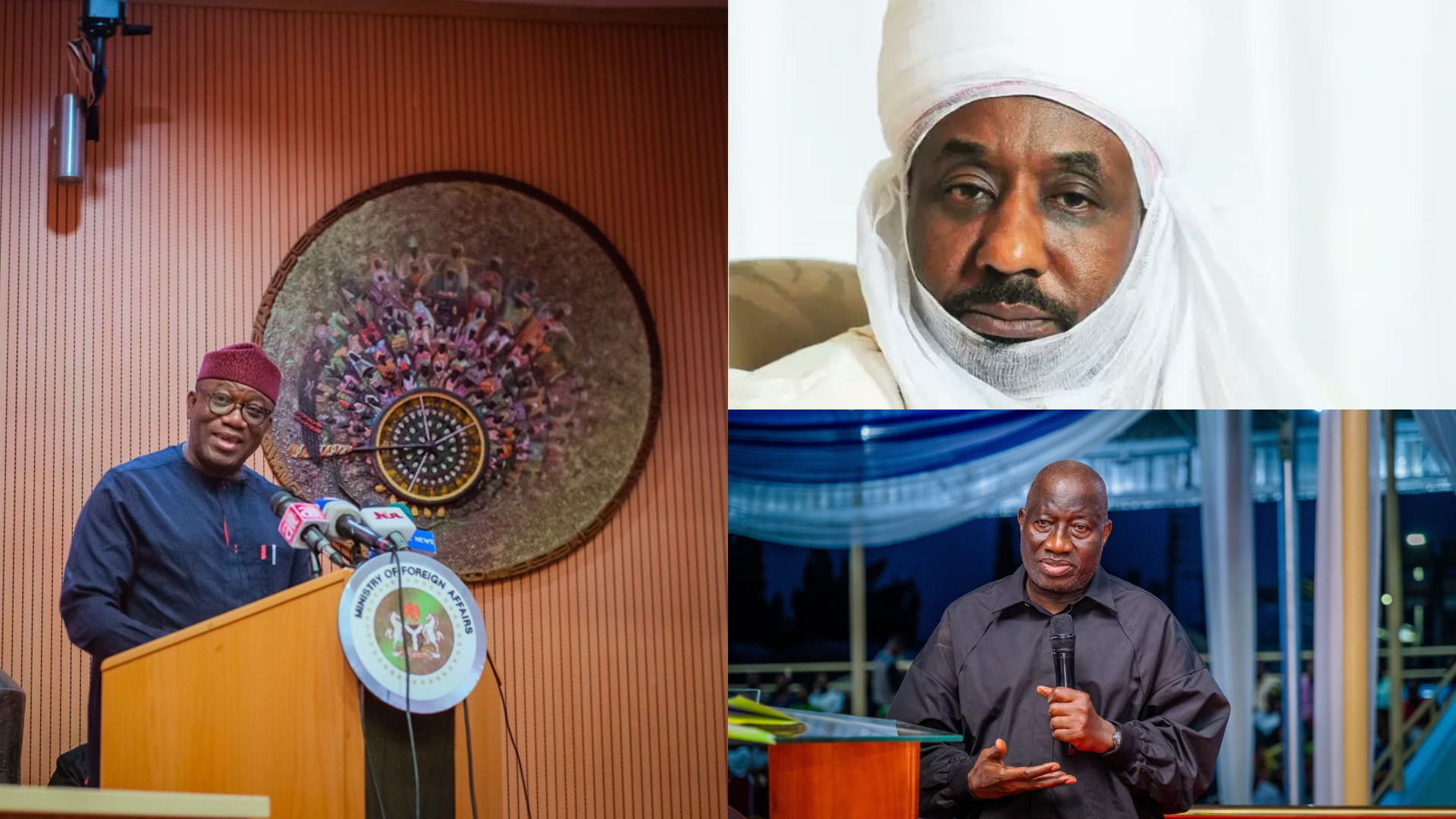 A collage of ex-governor of Ekiti State, Dr Kayode Fayemi, Emir Sanusi Mohammed II and ex-President Goodluck Jonathan
