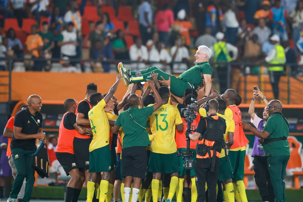 South Africa Hugo Broos Coach celebrate victory during the Afcon 2023 Third Place match between South Africa and Congo Dr at Stade Felix Houphouet-Boigny on February 10, 2024 in Abidjan, Cote d Ivore