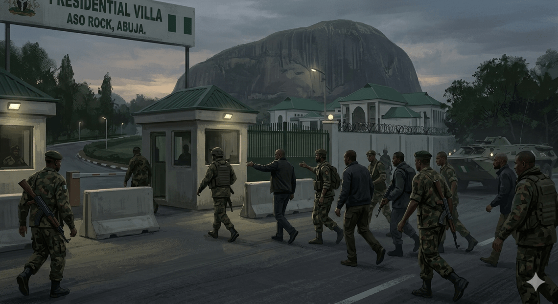 AI illustration of coup suspects moving on Aso Rock