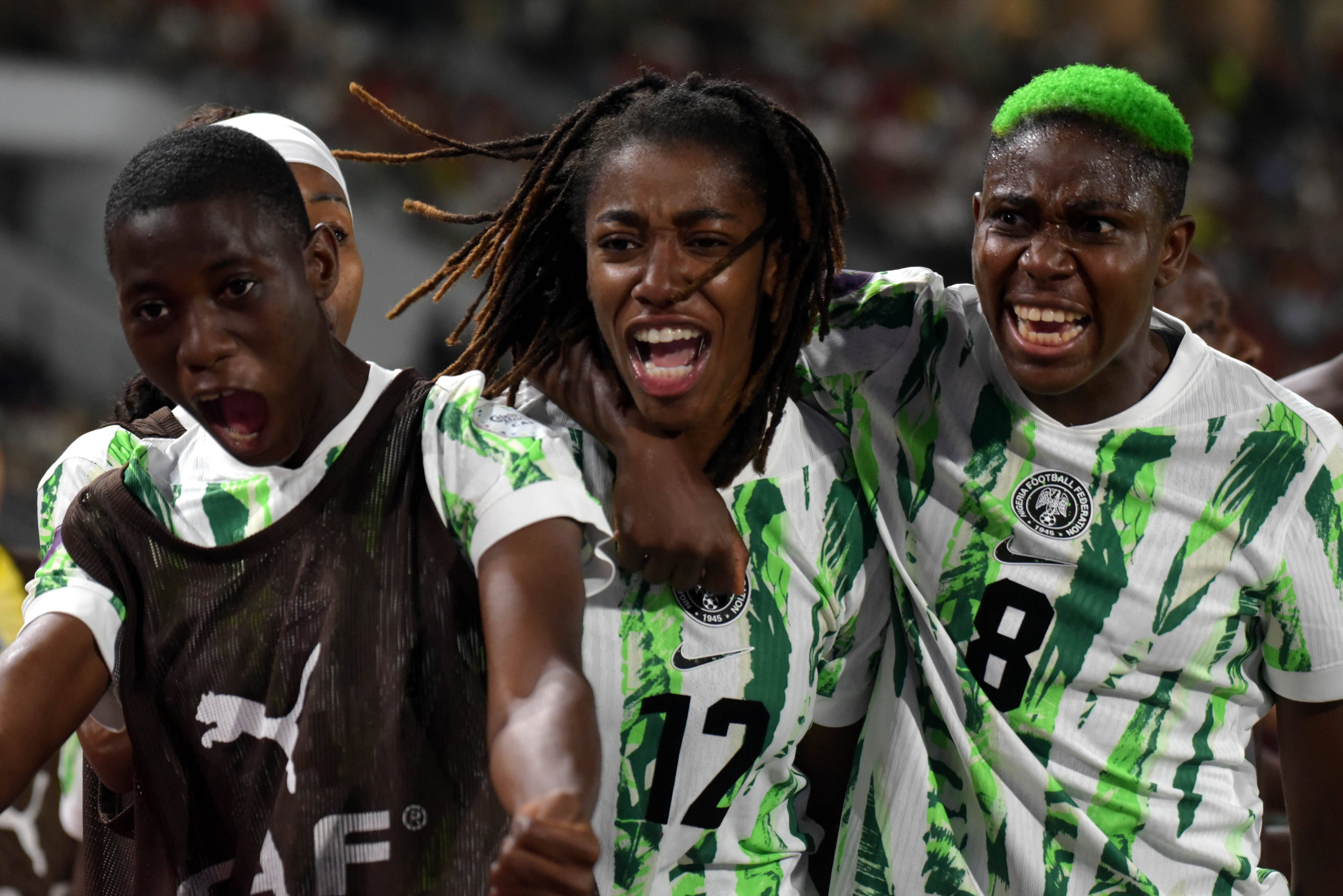 Asisat Oshoala and Onyi Echegini of Nigeria during the 2025 Women s Africa Cup of Nations WAFCON Finals match between Morocco and Nigeria